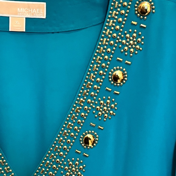 🟡MICHAEL KORS LOVED AUTHENTIC TEAL EMBELLISHED TUNIC V-NECK EMBELLISHED BLOUSE - Picture 13 of 14